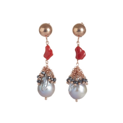 orecchini argento coralli ematite grigia e perle