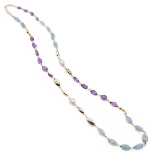 collana argento, perle, acquamarina milk ed ametiste