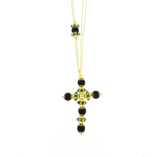 collana  con croce pendente in argento onice e spinelli verdi