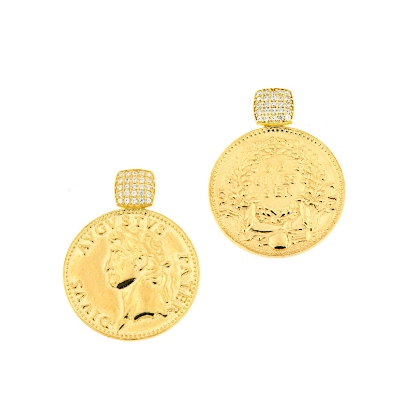 orecchini moneta argento dorato e zirconi