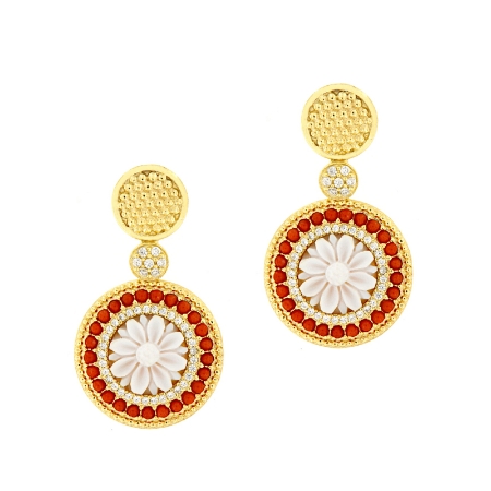 Orecchini in argento con cammeo corallo e zirconi