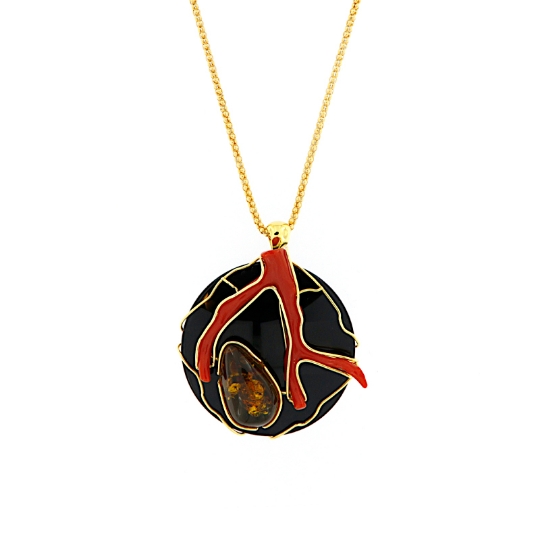 Collana in argento con pendente in onice corallo ed ambra