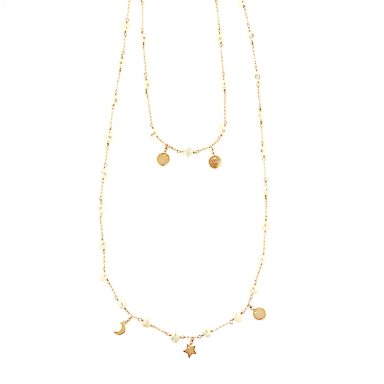Collana lunga a doppio filo in argento e perle