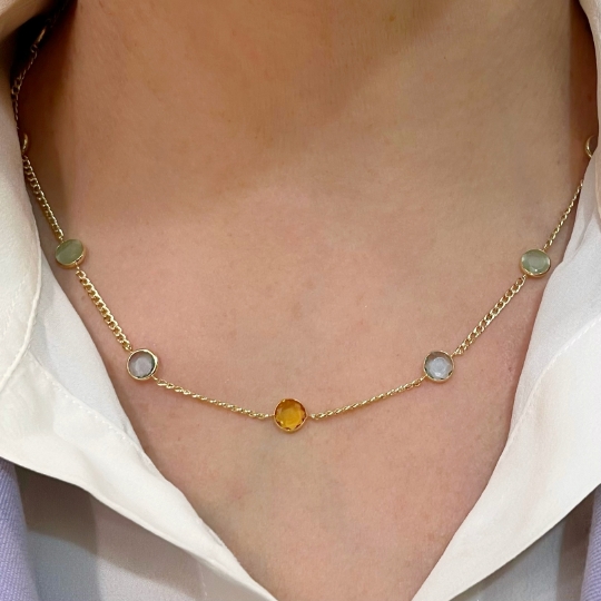 Collana lunga argento placcato oro e pietre pendenti multicolor - Chic