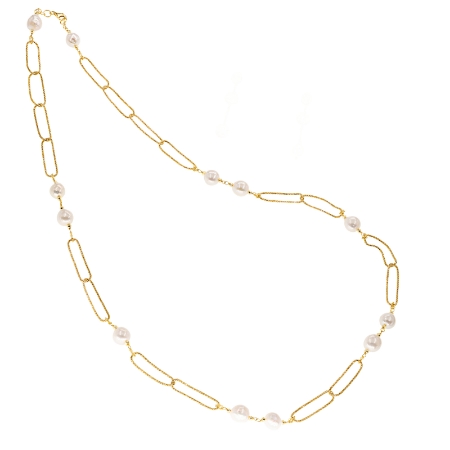 Collana lunga in argento dorato e perle