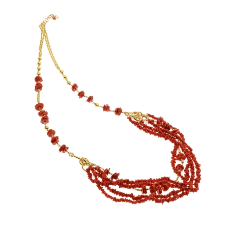 Collana lunga in argento e fili di corallo