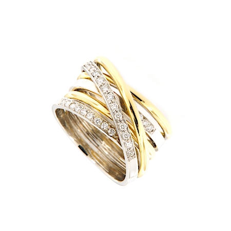 Anello a fascia larga in oro bianco e giallo bicolore