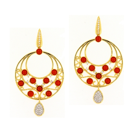 Orecchini pendenti in argento dorato con cabochon di corallo e zirconi