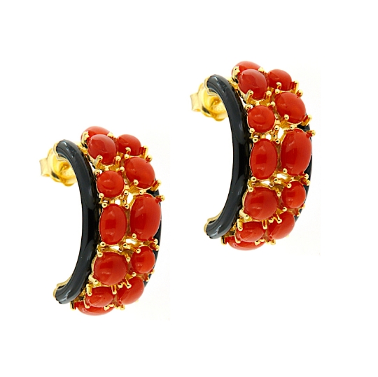 Orecchini a cerchio in argento con corallo ed onice