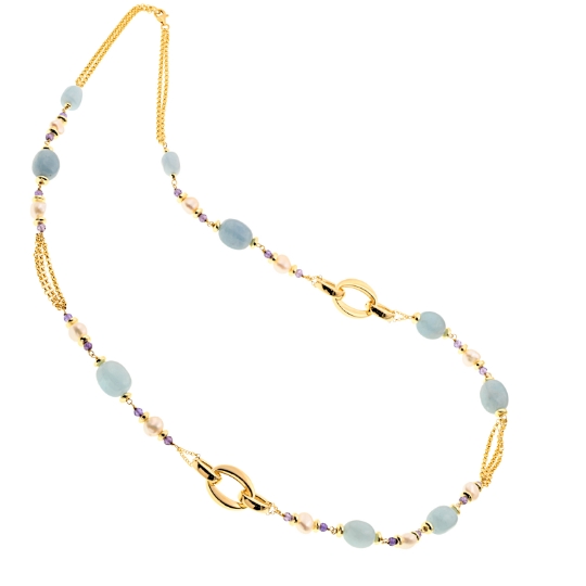 Collana lunga in argento acquamarina e perle