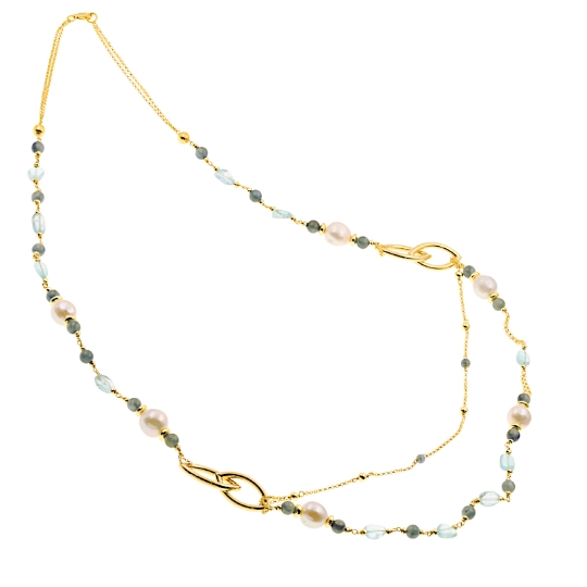 Collana lunga in argento dorato perle e topazio azzurro