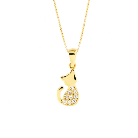 Collana con pendente gatto in oro giallo e zirconi