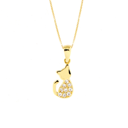 Collana con pendente gatto in oro giallo e zirconi
