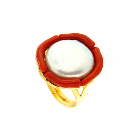 Anello con perla e corallo