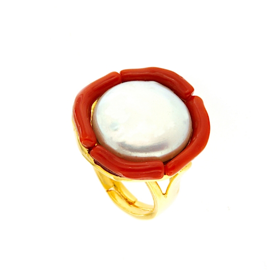 Anello con perla e corallo