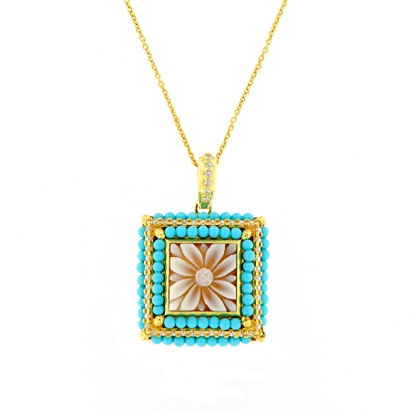 Collana con pendente quadrato in argento con cammeo e turchese