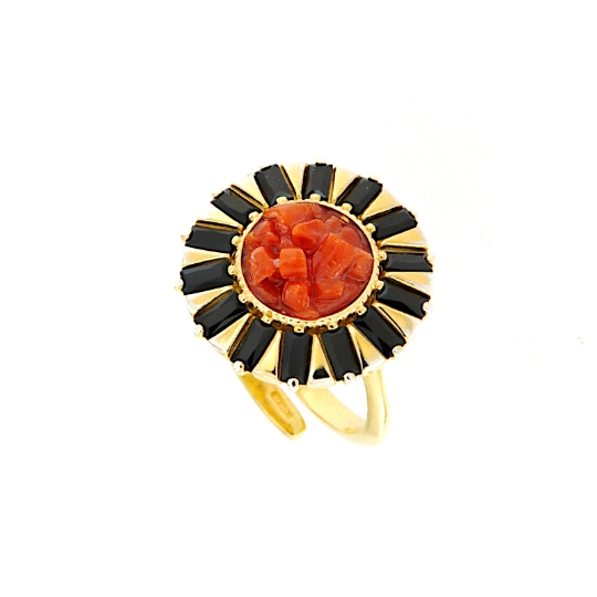 Anello in argento con corallo e zirconi neri