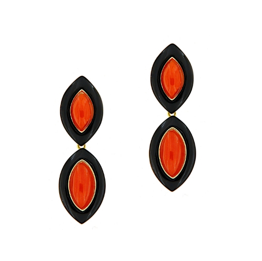 Orecchini pendenti in argento a doppia navette con corallo ed onice
