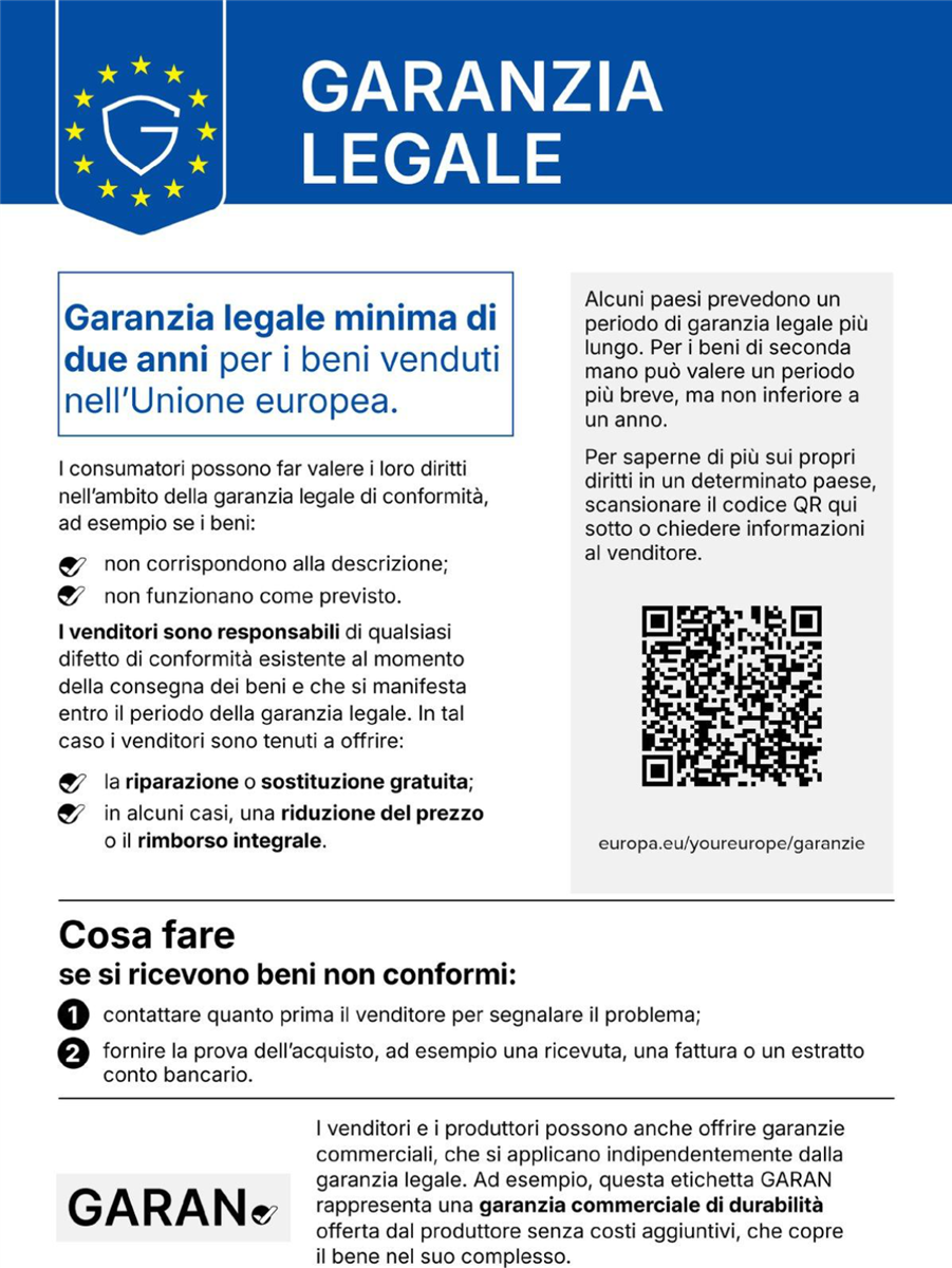 Garanzia legale minima di due anni per i beni venduti nell'Unione europea.